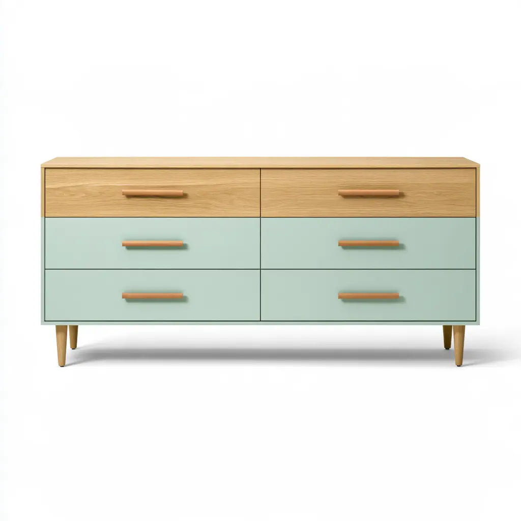 Commode vert pâle et beige à six tiroirs et poignées longues