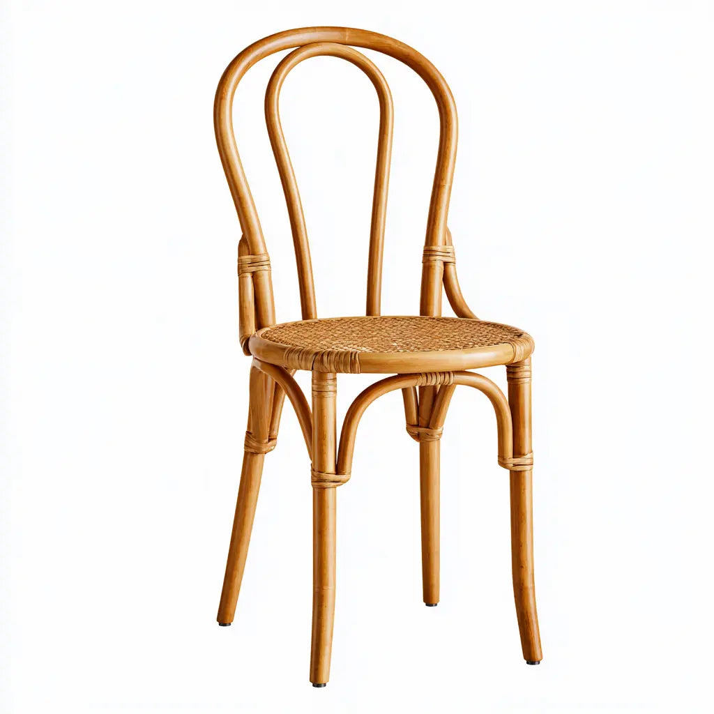 Chaise marron miel à dossier courbé et assise tressée arrondie