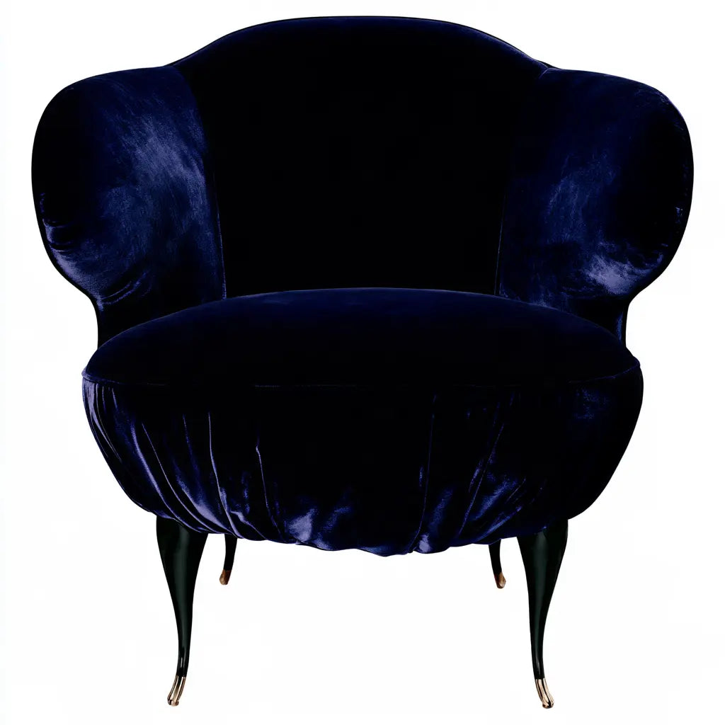 Fauteuil bleu nuit à dossier enveloppant et pieds fins