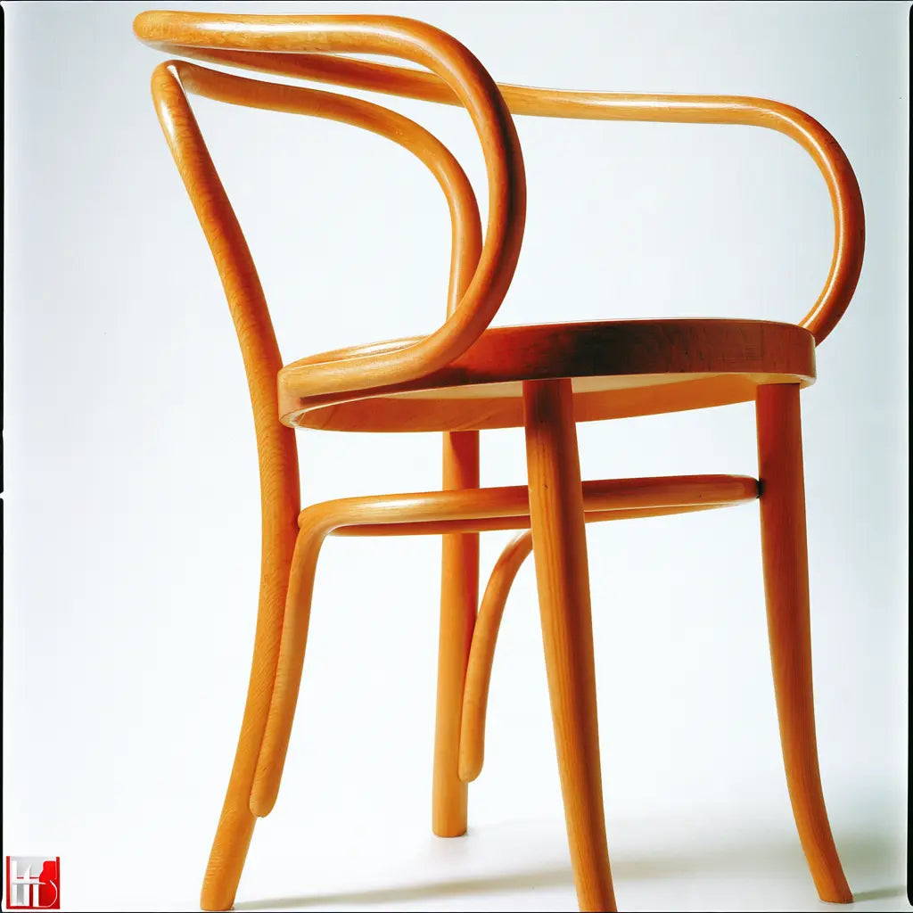 Chaise marron orangé à accoudoirs courbes et assise foncée
