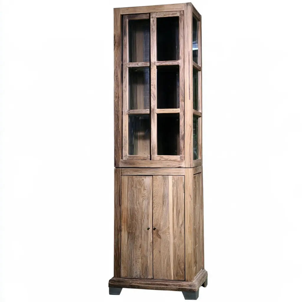 Vitrine d'angle marron grisé à portes vitrées et rangement bas