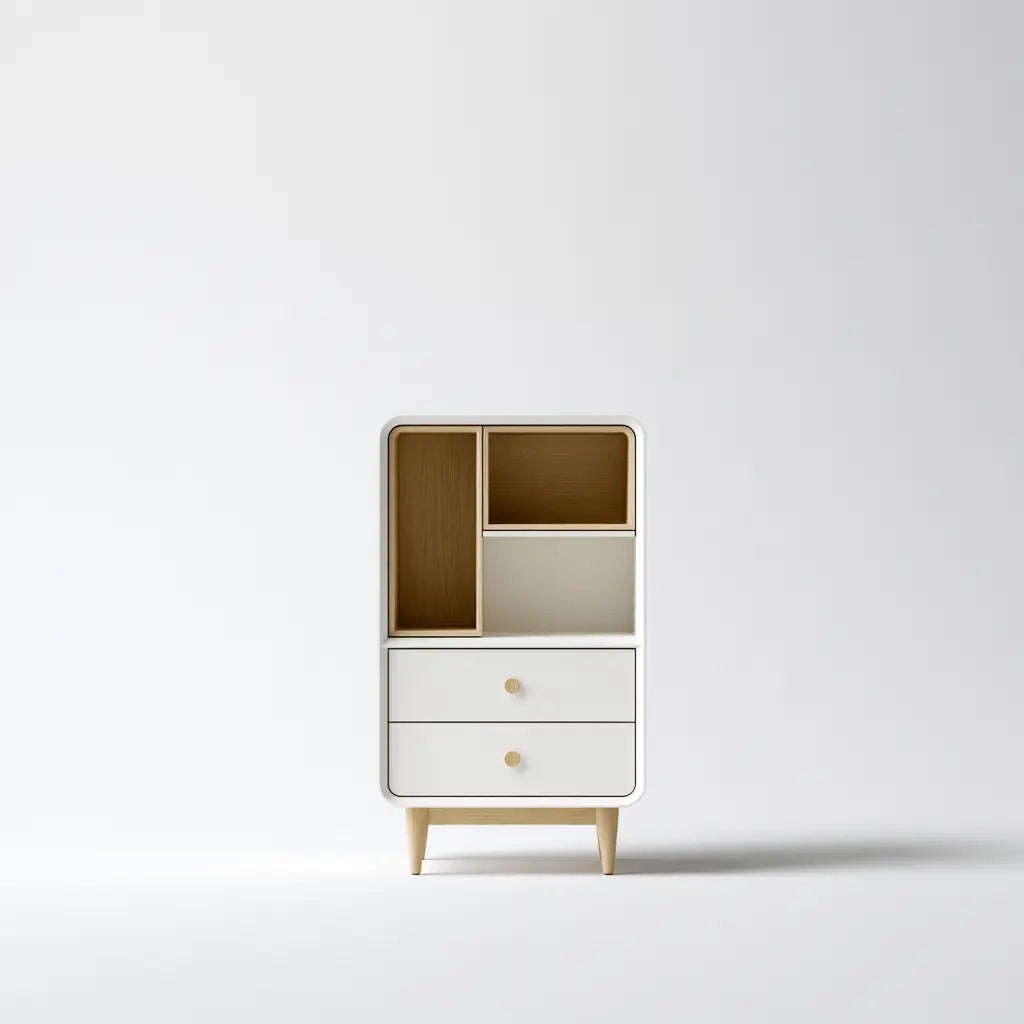 Meuble d'appoint blanc et beige à niches et deux tiroirs