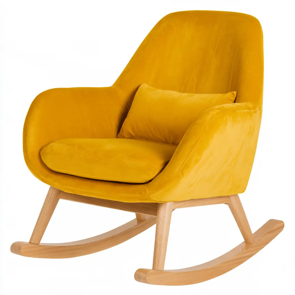Fauteuil à bascule jaune ocre à coussin lombaire et patins beiges
