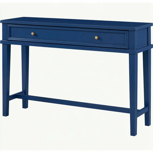 Console bleu foncé à grand tiroir et traverse basse