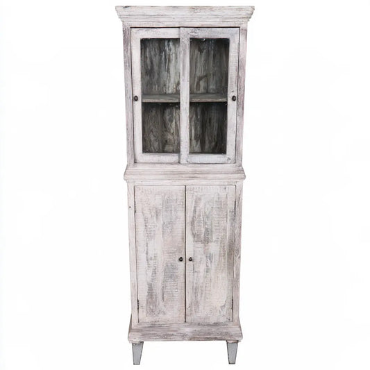 Vitrine étroite blanche patinée à portes hautes vitrées