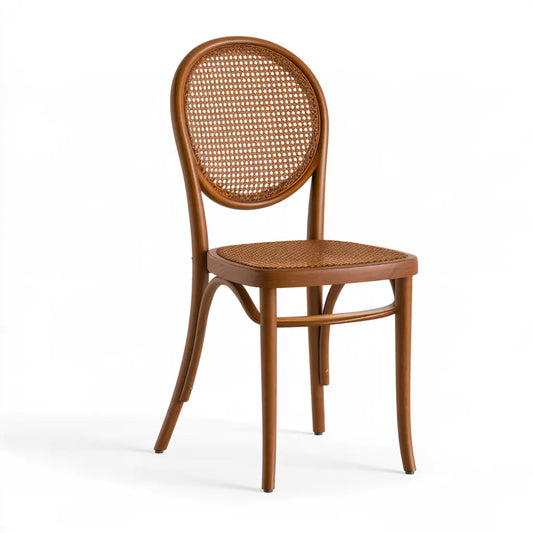 Chaise marron clair à dossier rond tressé et assise ronde