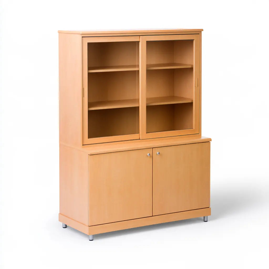 Buffet haut beige orangé à vitrine et portes basses lisses