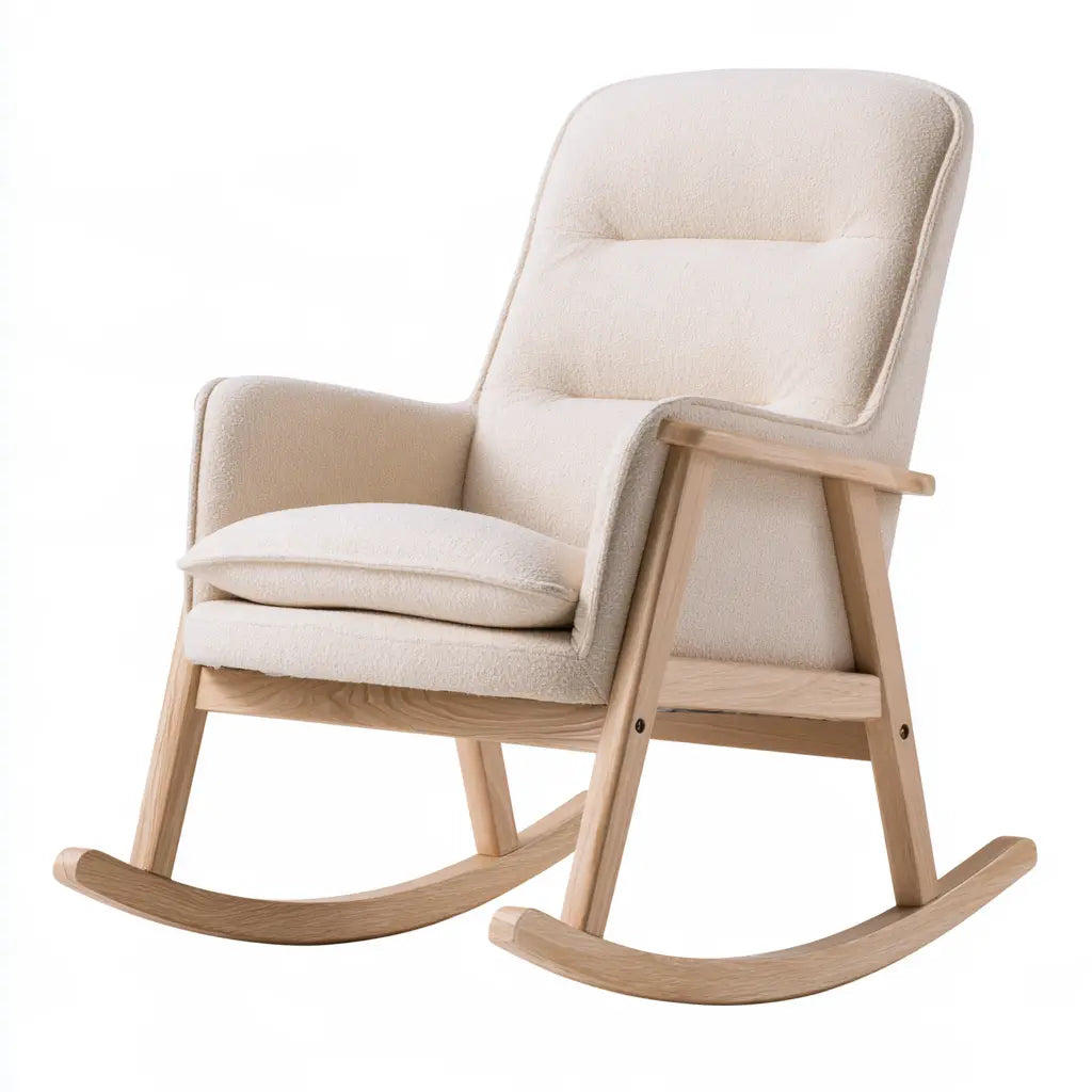 Fauteuil à bascule beige clair à haut dossier et accoudoirs droits
