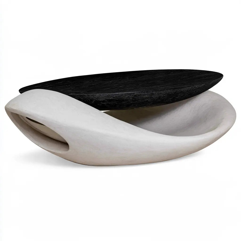 Table basse blanche sculpturale à plateau noir et niche latérale