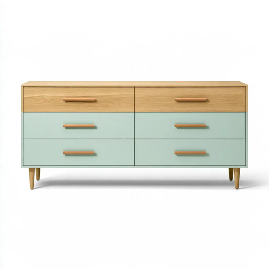 Commode vert pâle et beige à six tiroirs et poignées longues