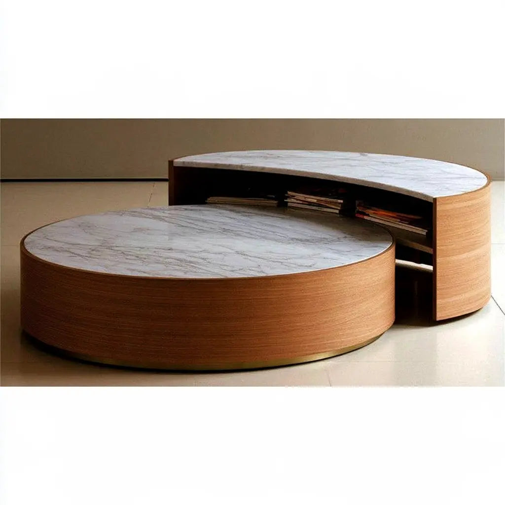 Duo de tables basses marron à plateaux blancs veinés et rangement