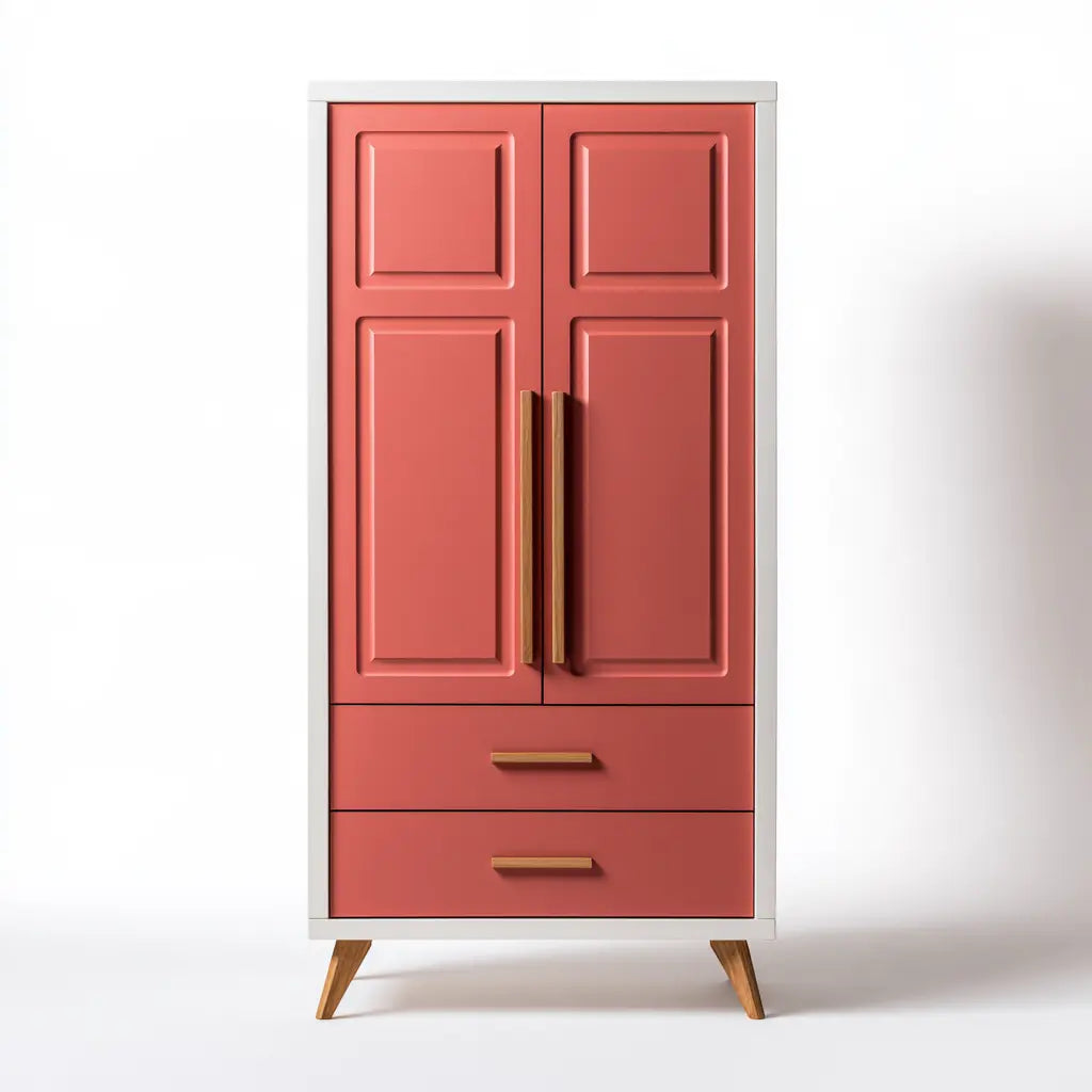 Armoire rouge corail à deux portes moulurées et deux tiroirs