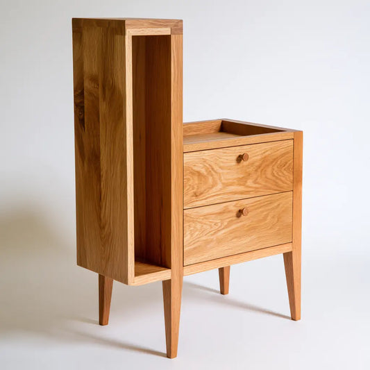 Meuble de rangement marron clair à colonne ouverte et deux tiroirs