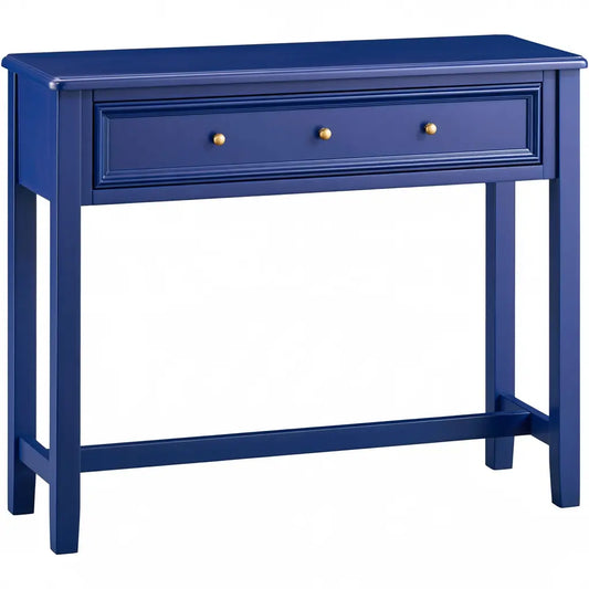 Console bleue à grand tiroir, trois boutons et traverse basse